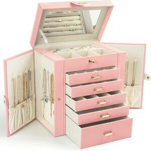 Jewelry Box for Women, 6-Layer Large Jewelry Organizer Box with Mirror & 5 Drawe